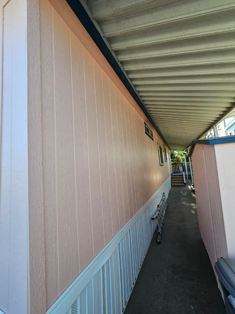 Mobile home side walkway with fresh pink siding and white skirting — painting complete