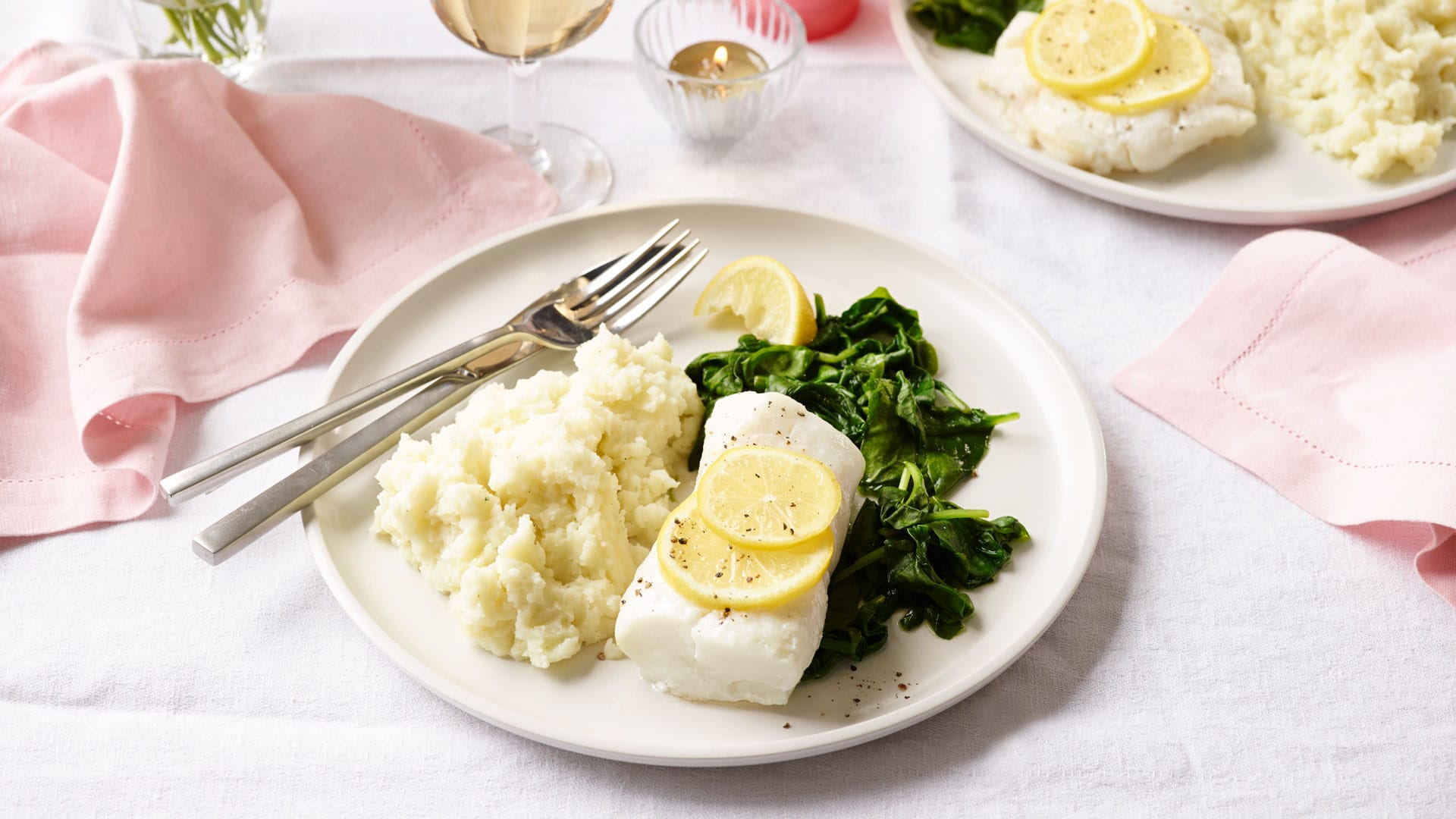 Date Night Cod with Roasted Garlic Mash and Lemon Spinach