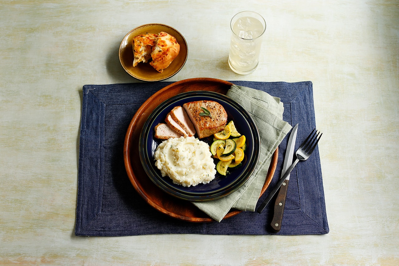 Tender Boneless Pork Chop with Idahoan® Hidden Valley Ranch Mashed Potatoes and Summer Squash – Featured Image