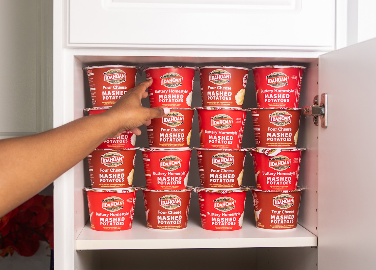 Idahoan On-The-Go Cups stocked up in cabinet
