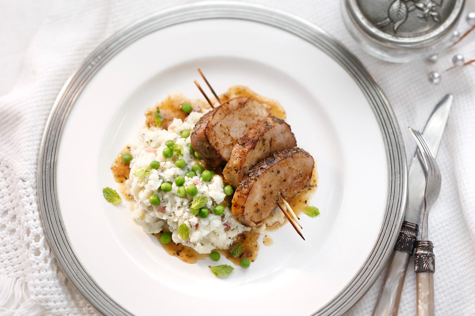 Chevre Mashed Potatoes with Peas and Grilled Pork Tenderloin – Featured Image