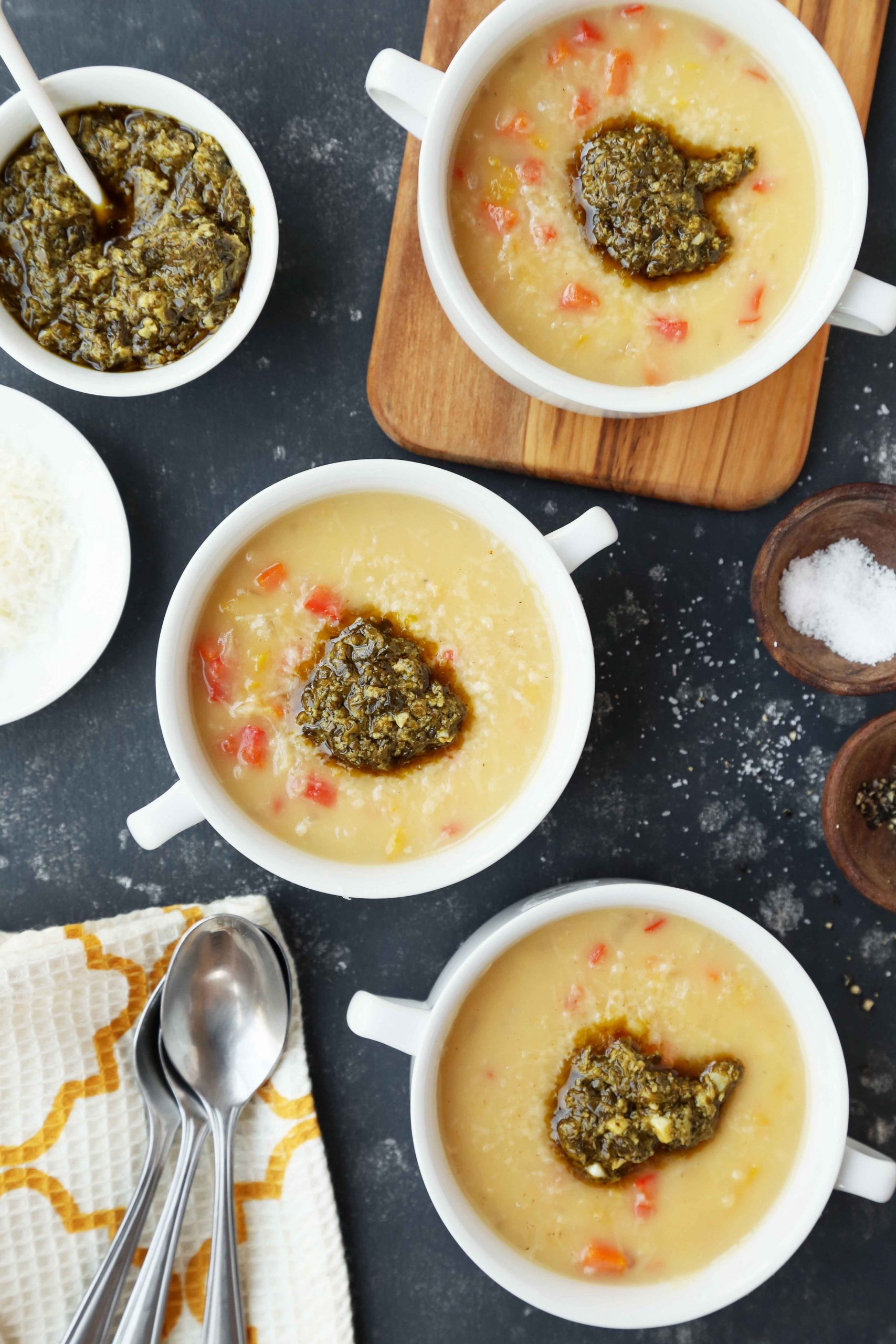 Roasted Garlic and Parmesan Potato Soup with Peppers, Carrots and Pesto – Featured Image