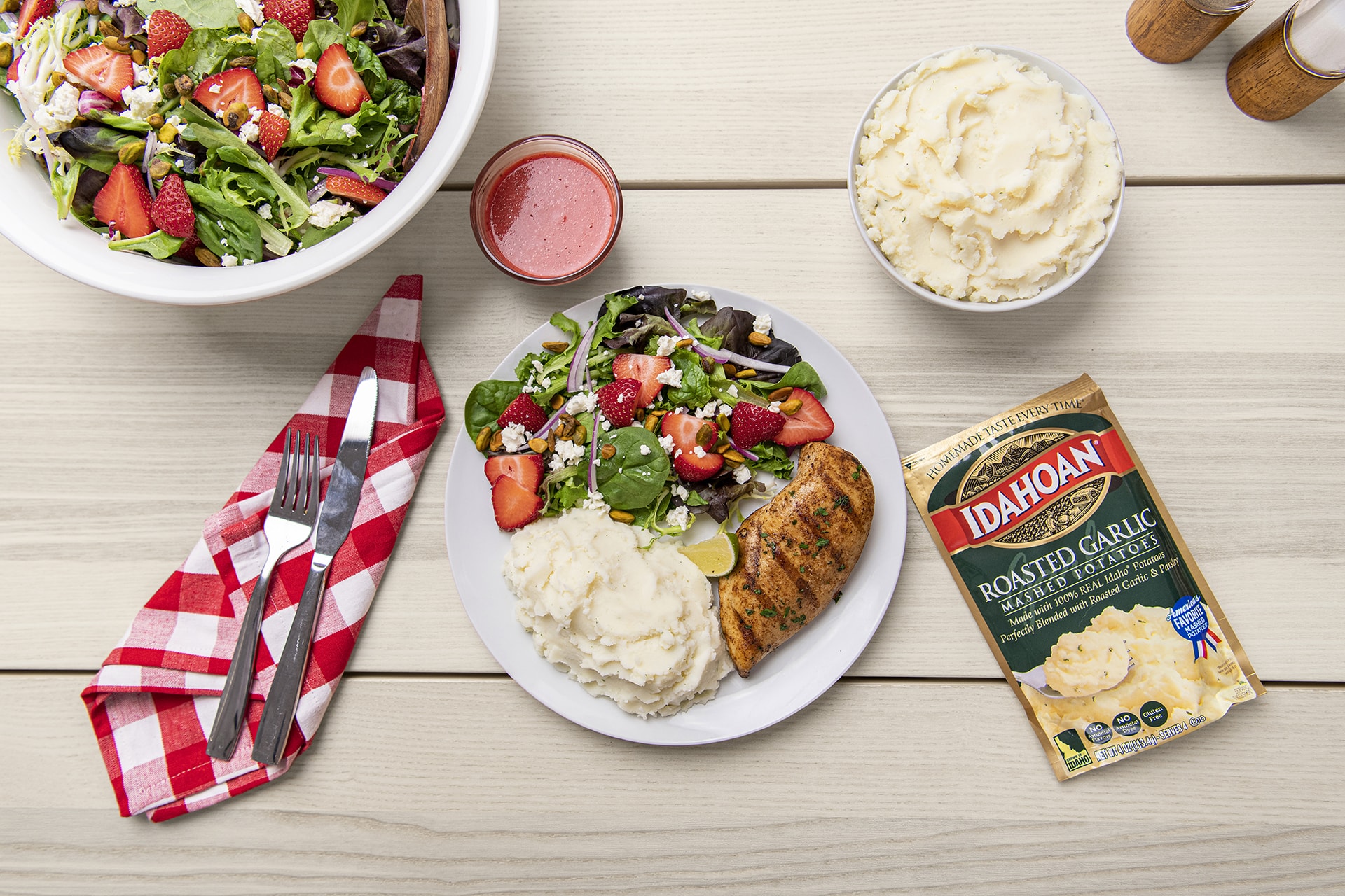 Grilled Chicken & Strawberry Summer Salad with Roasted Garlic Mashed Potatoes – Featured Image