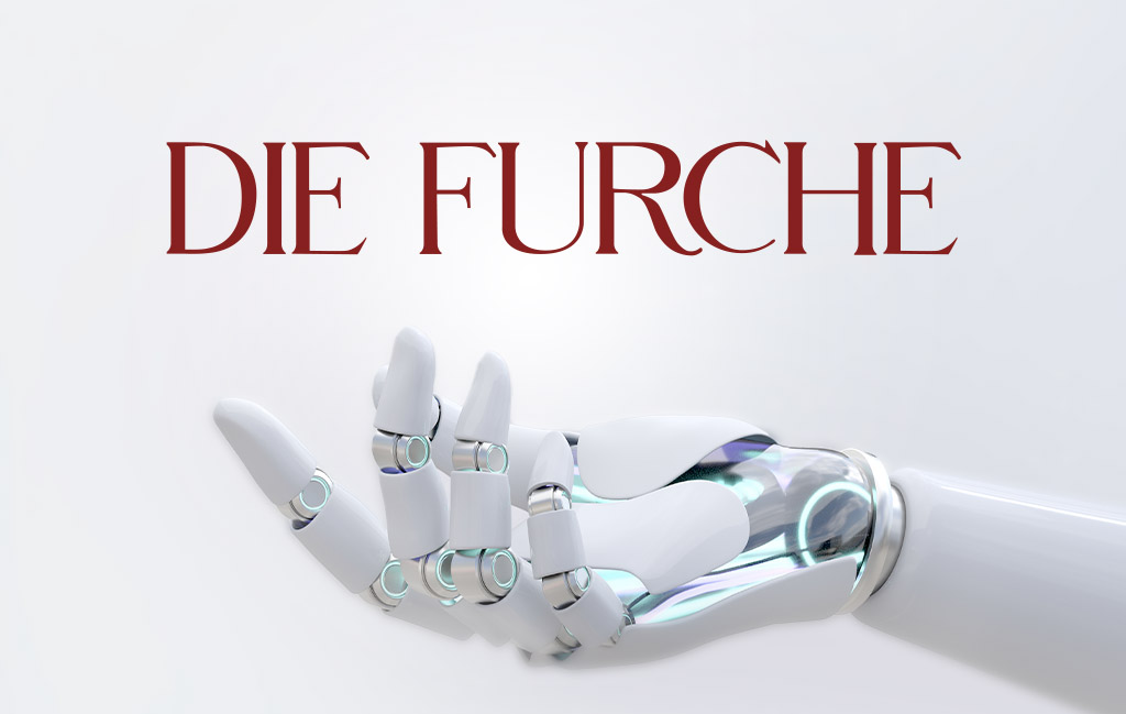 null DIE FURCHE logo and robotic hand reaching out to new readers.