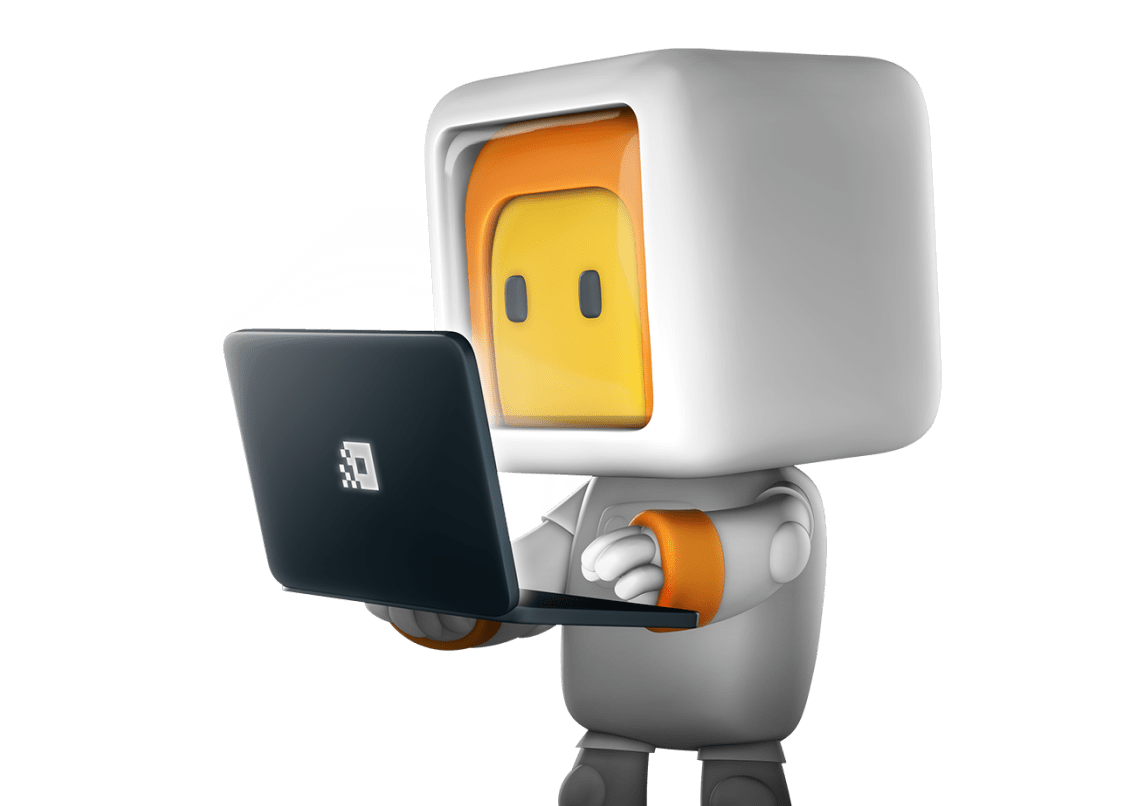 null Showcasing STRG mascot Yuri, holding a laptop and searching through the web. Decorative image as part of the CTA