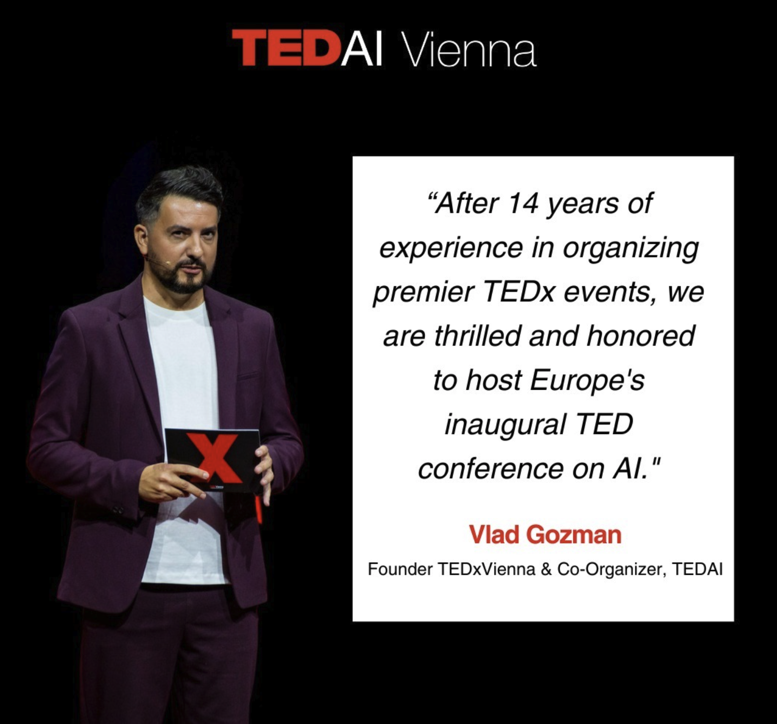 null A vibrant scene from TEDxConference showcasing one of its organizers, Vlad Gozman and a quote reading:
