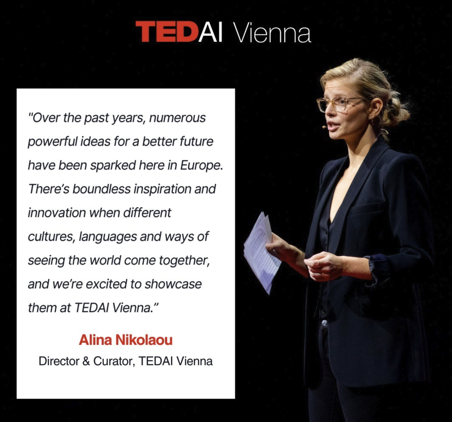 null A vibrant scene from TEDxConference showcasing one of its organizers, Alina Nikolaou and a quote reading: