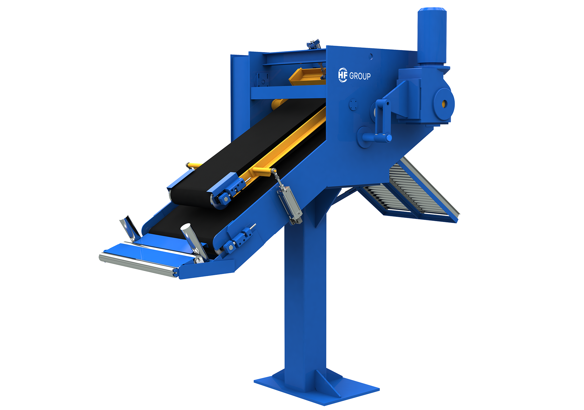 Blue rubber strip cutting machine with inclined conveyor belt, frame, and visible mechanical elements.