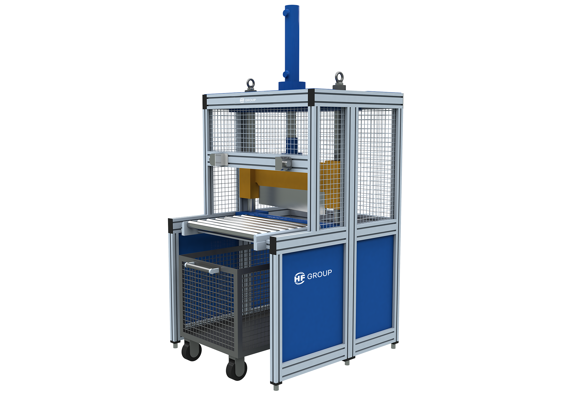 Bale-Cutter-Machine with metal frame, mesh guards, movable unit, and pull‑out mesh cart.
