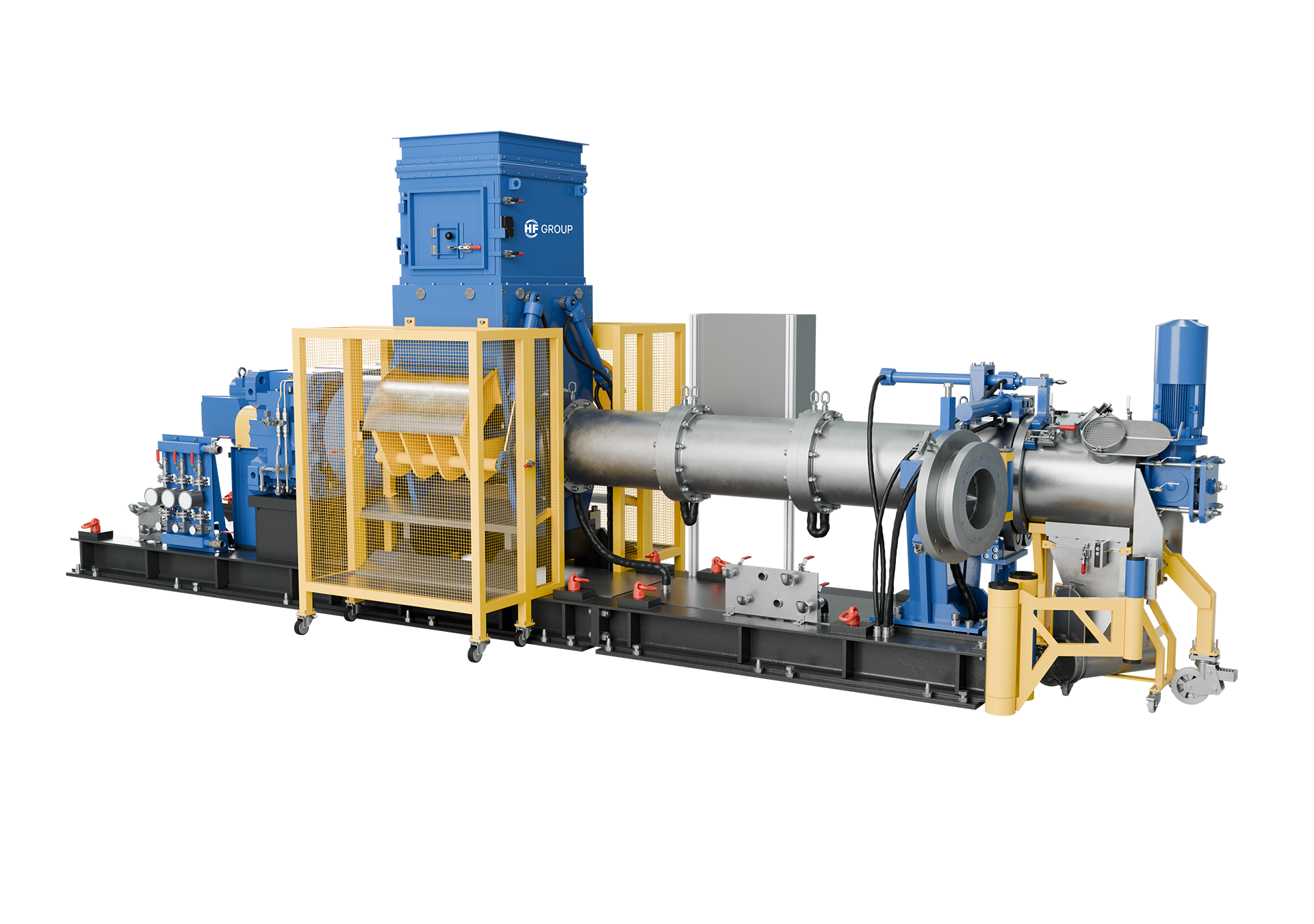 Long single-screw extruder with large cylindrical housing, yellow safety guards, and blue units.
