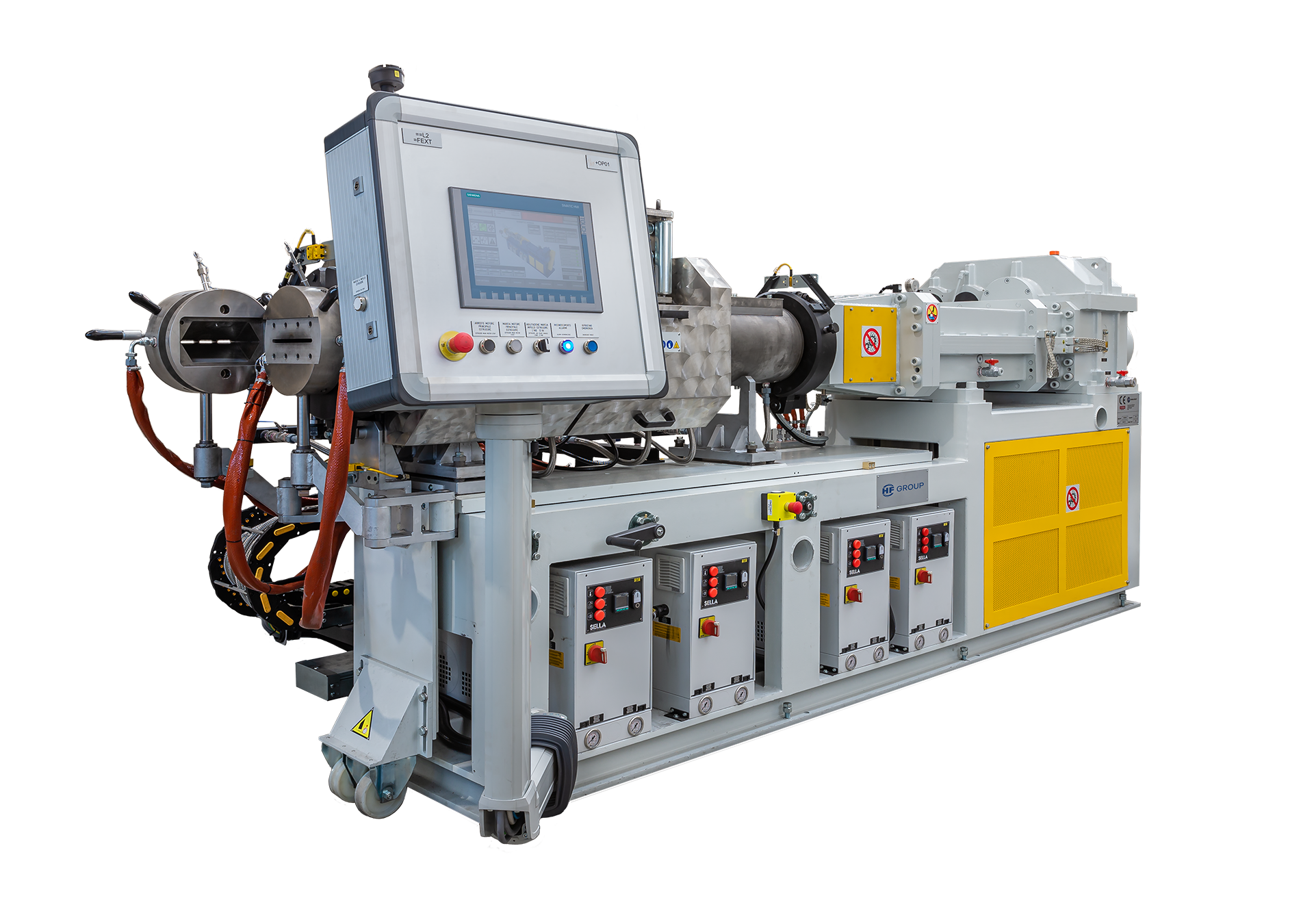 Strainer-Extruder with large control panel, pipe assembly, yellow guards, and cabling.