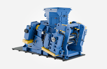 Blue twin-screw extruder with hopper inlet, rollers, and complex mechanical assemblies.