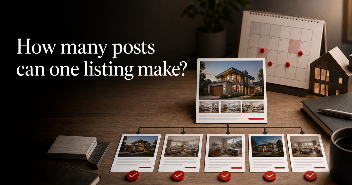 Editorial cover visual showing one listing planned into a week of social posts.