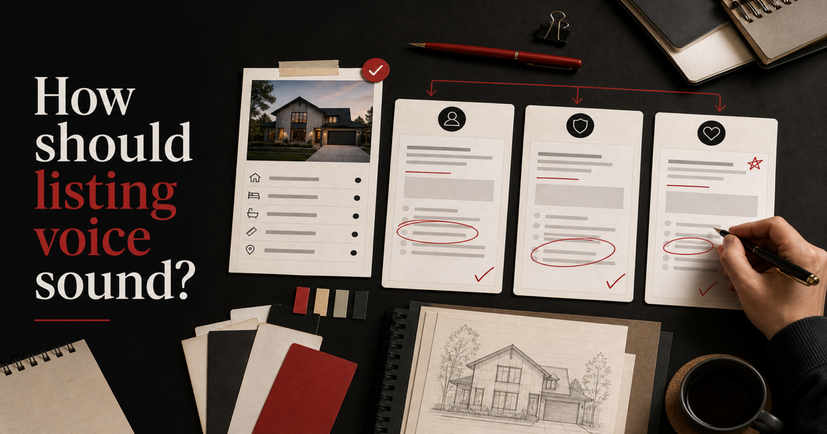 How should agents tune AI listing voice? shown as a reviewed AI listing marketing workflow screen.