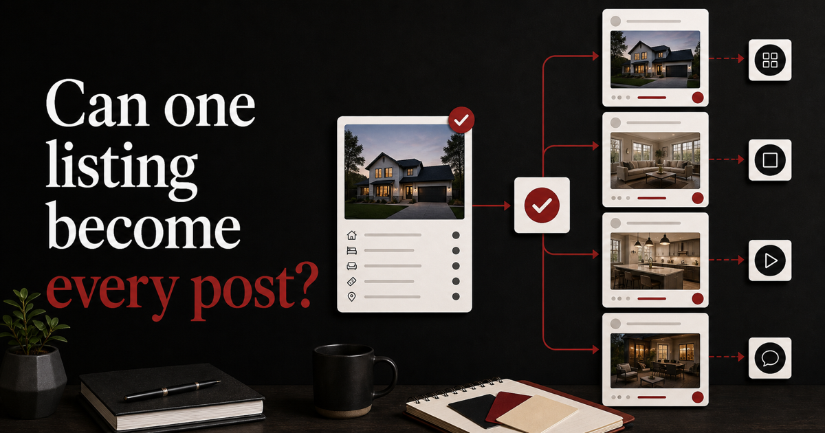 RealEstateContent.ai listing-to-social workflow showing source facts, editable drafts, and review controls.