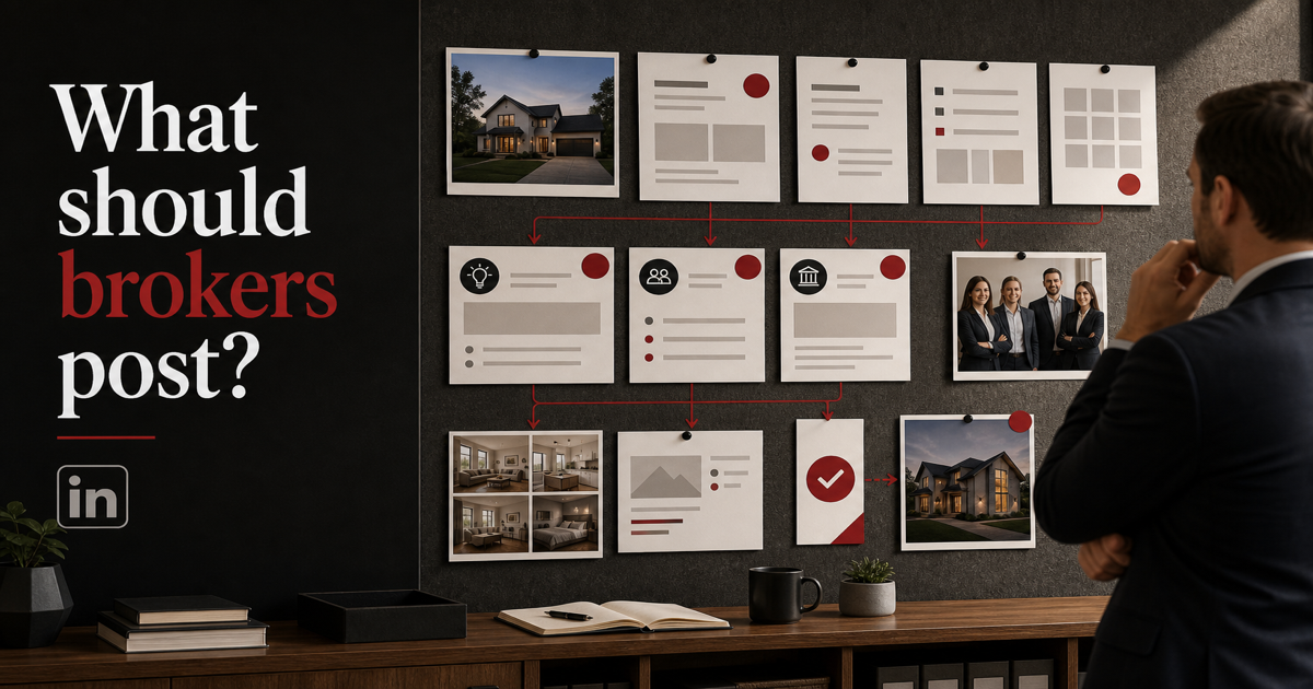 What should brokers post on LinkedIn when promoting listings? shown as a reviewed AI listing marketing workflow screen.