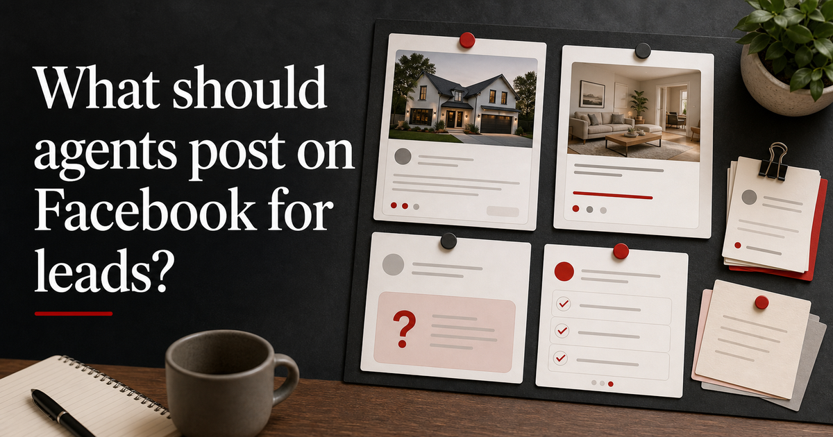 Editorial Facebook post planning board for real estate lead generation.
