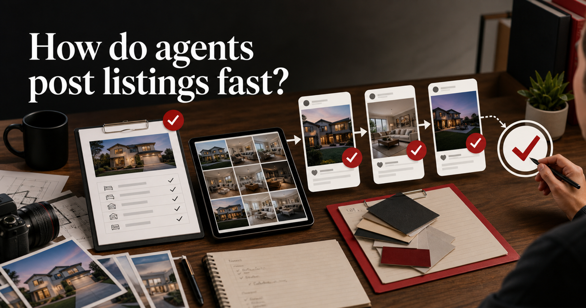 How can agents post listings to social media fast? shown as a reviewed AI listing marketing workflow screen.
