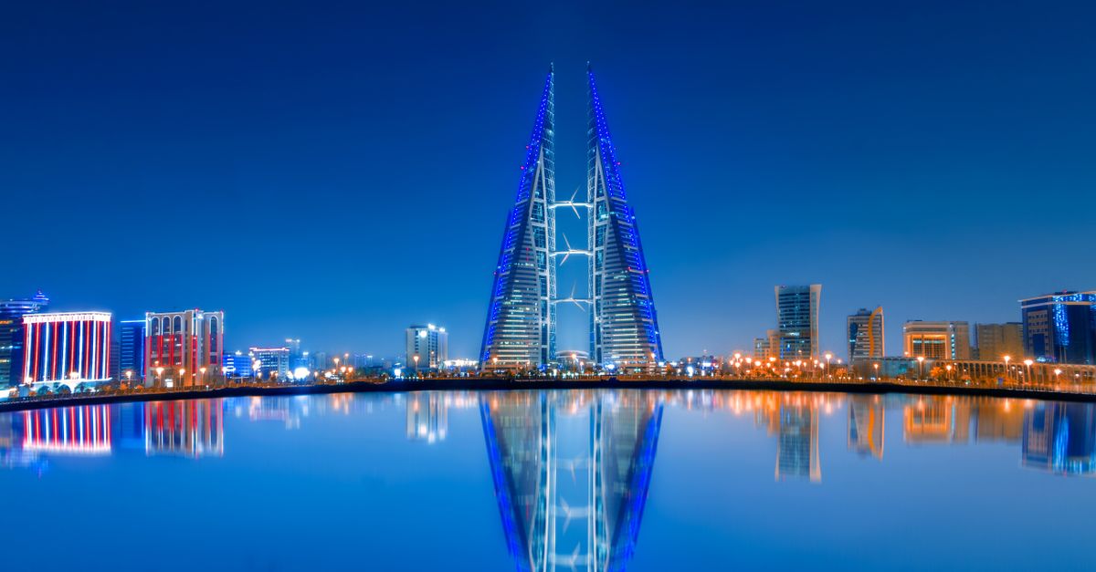 Aerial view of Manama, Bahrain at dusk