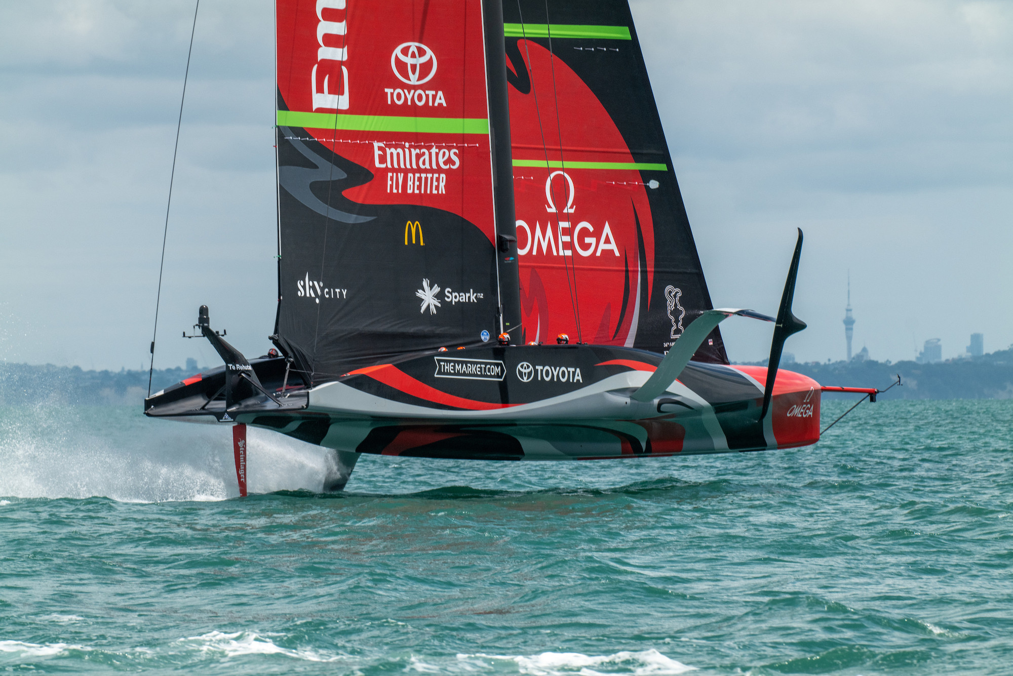 Emirates Team New Zealand's yacht flying on water