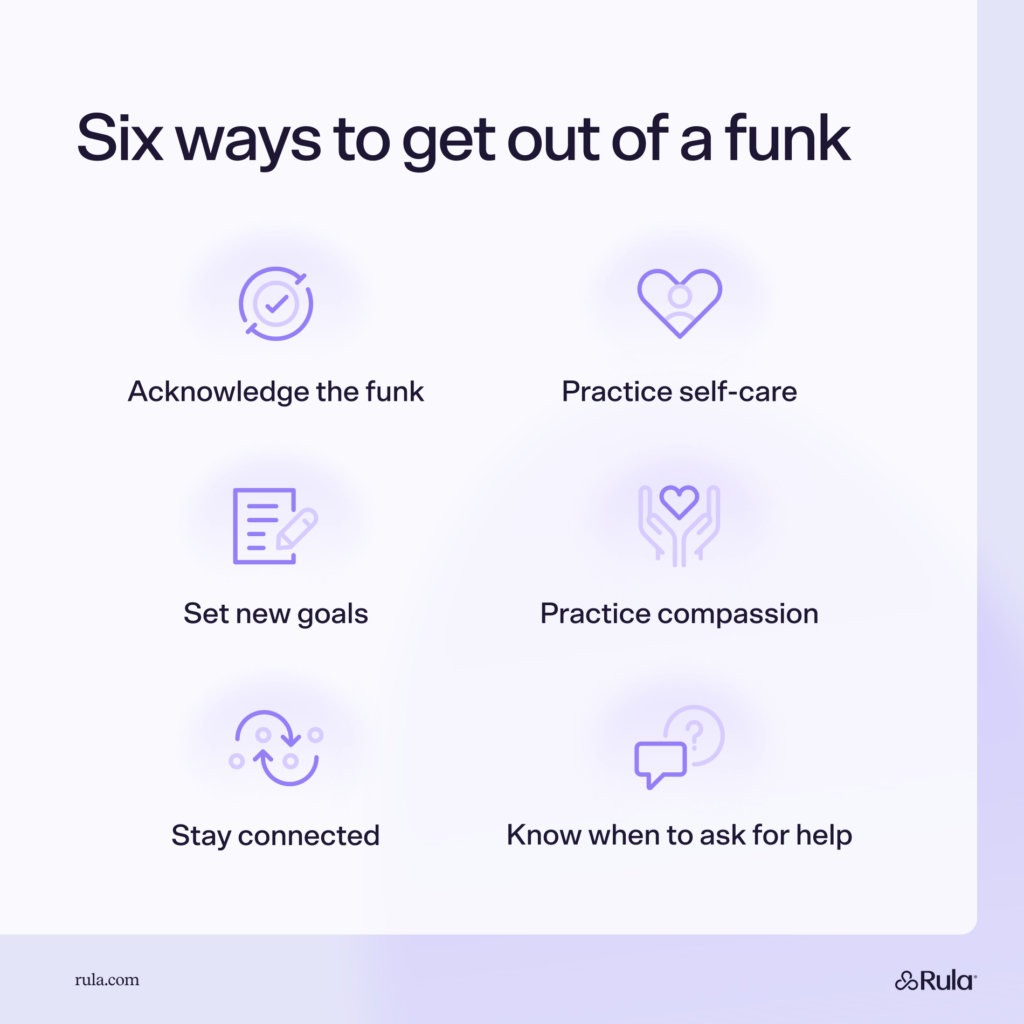 Graphic showing six ways to get out of an emotional funk. The list includes acknowledging the funk, practicing self-care, and setting new goals.