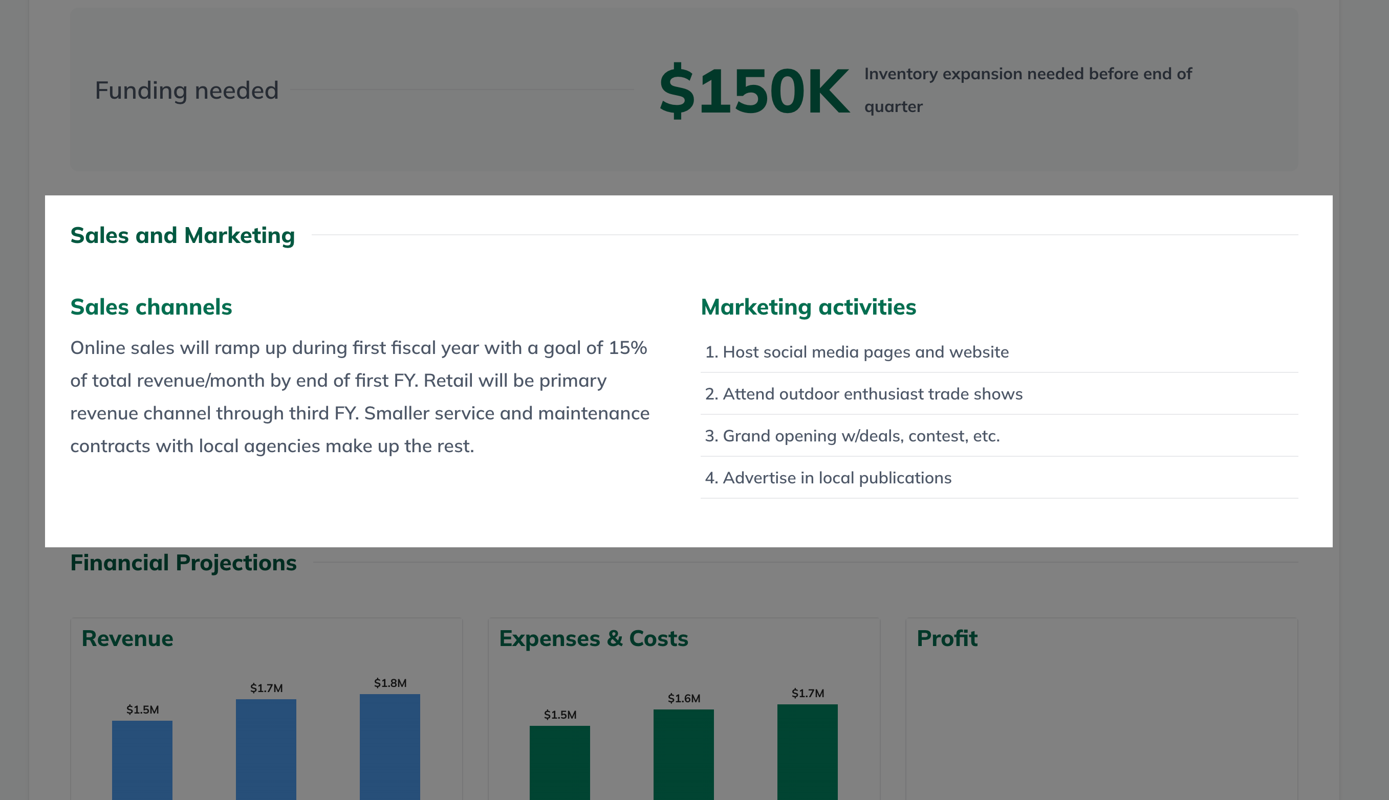 Image: pitch with sales and marketing topics highlighted