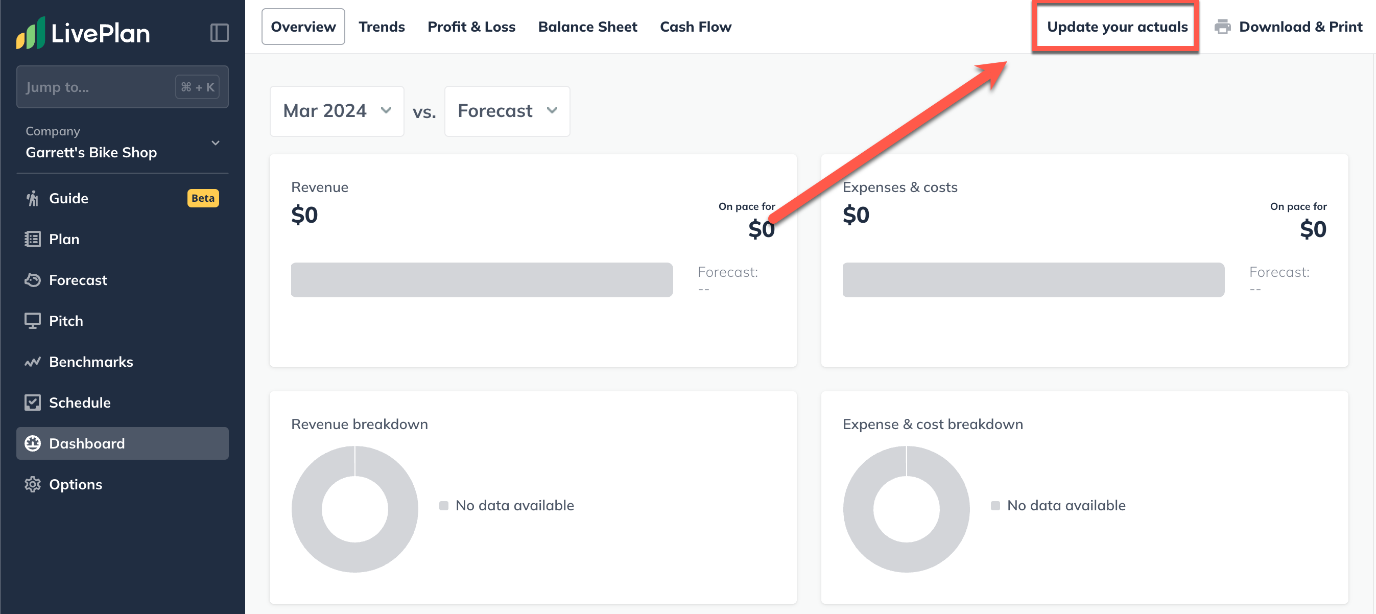 Image: blank dashboard with update your actuals highlighted