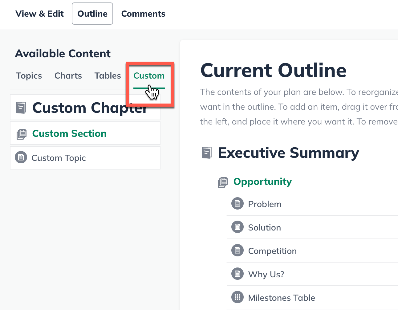 Image: available content menu detail with custom highlighted