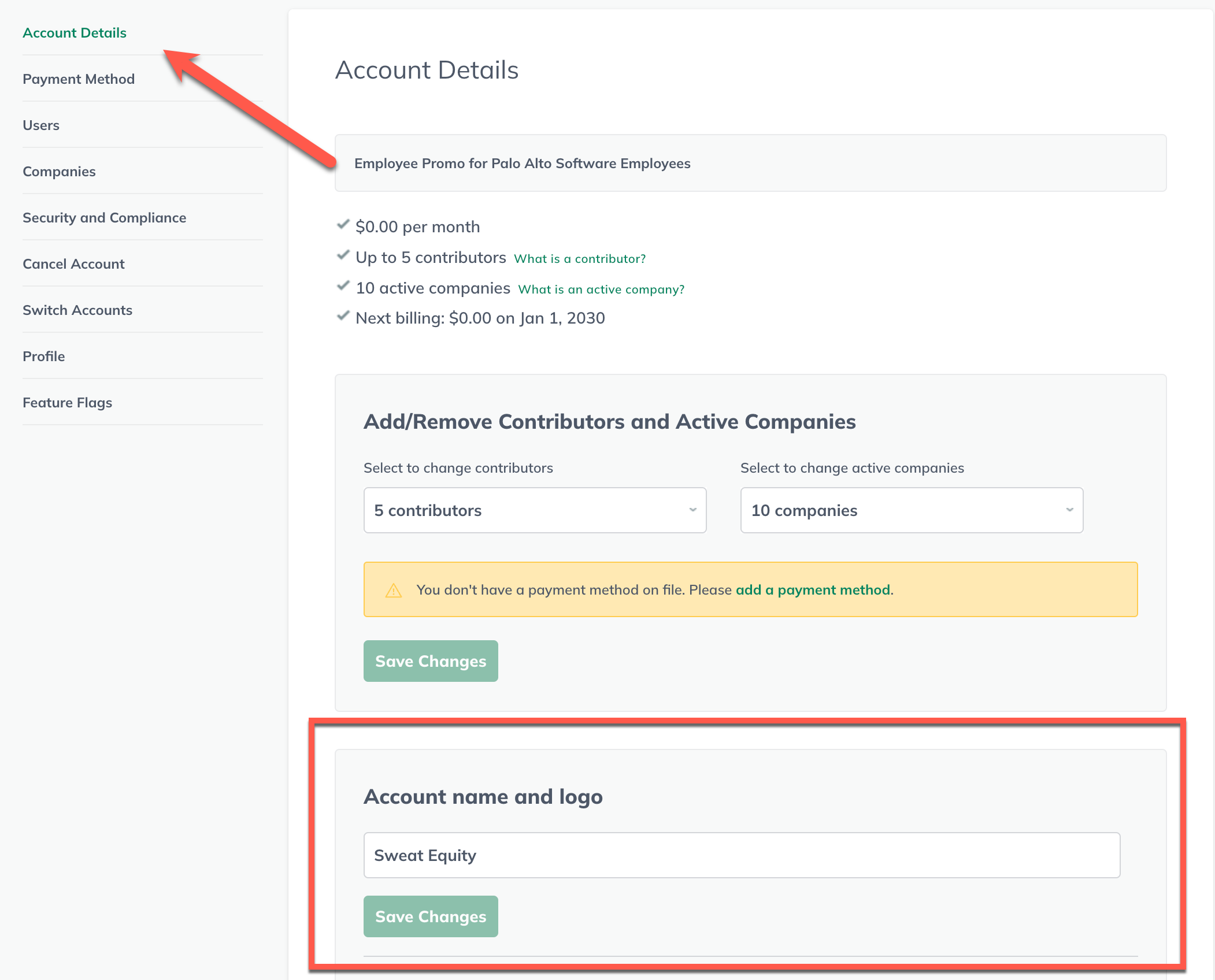 Image: account details page with name and logo field highlighted