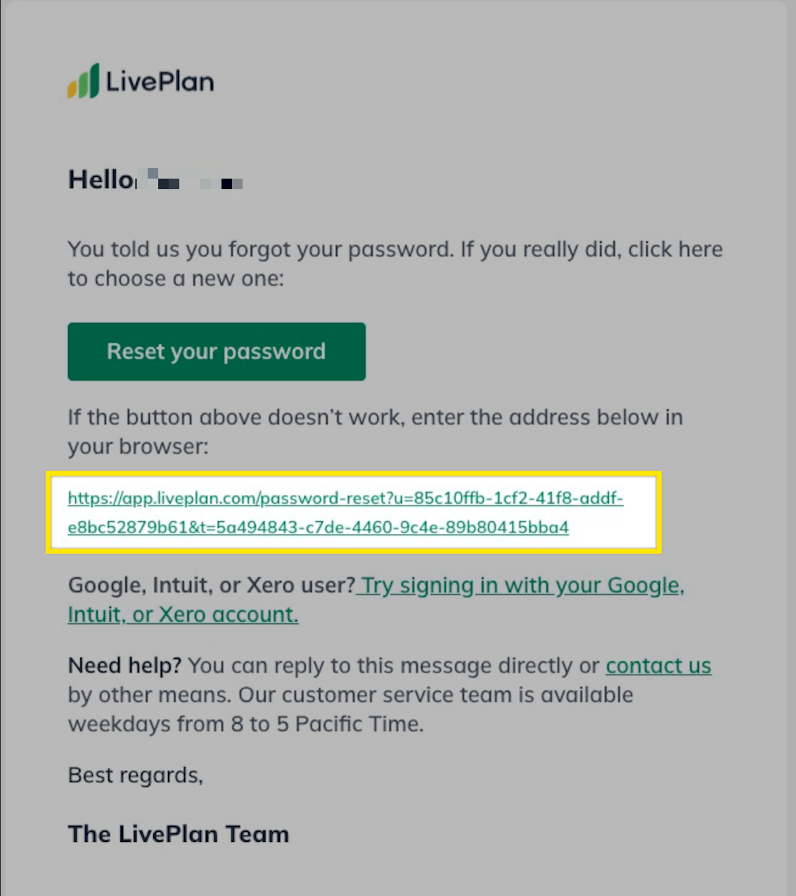 Image: password reset link email