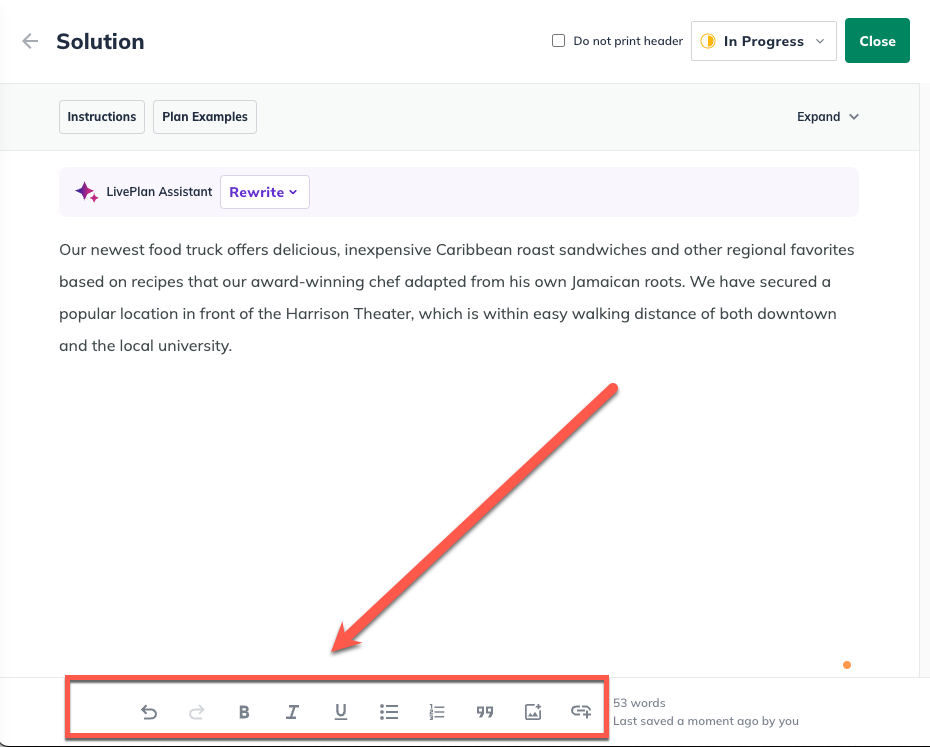 Image: text editing options highlighted in plan topic