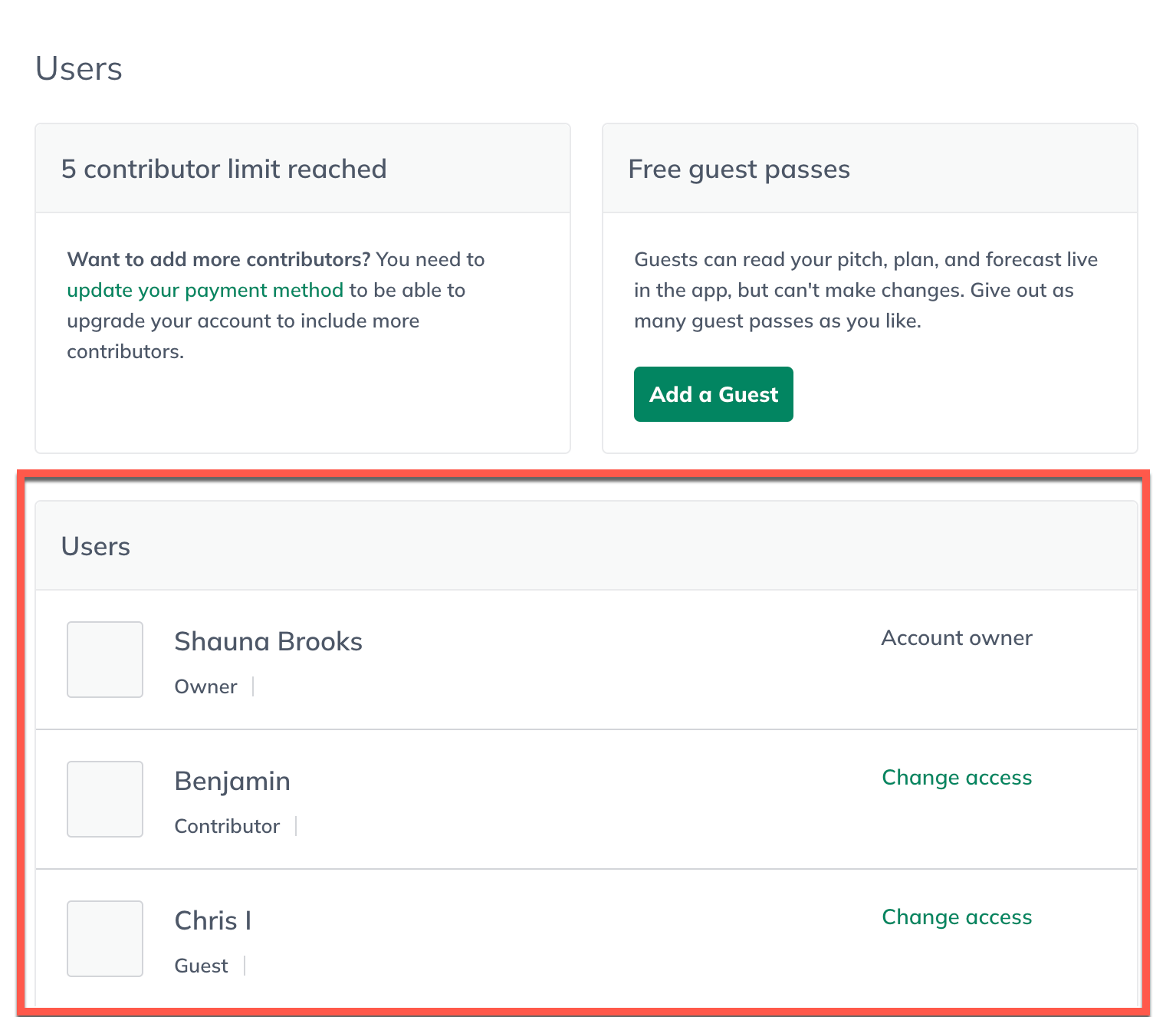 Image: account menu users screen with user list highlighted