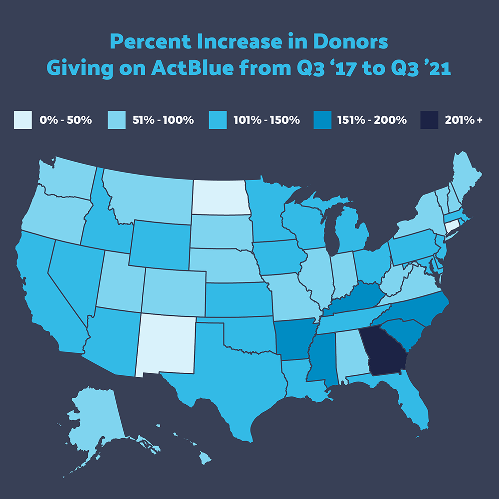U.S. Map of Percent Increase in Donors giving on ActBlue from Q3 '17 to Q3 '21