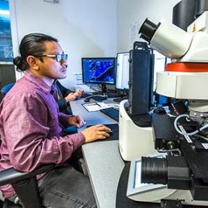 man sitting at computer near microscope man sitting at computer near microscope