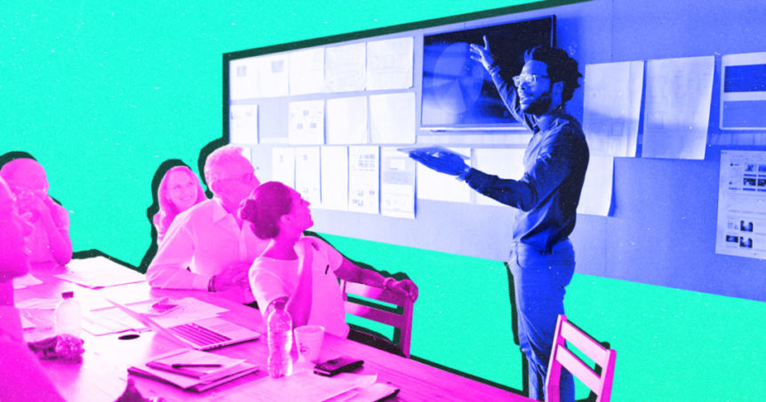 An illustration of an employee presenting to others in a conference room environment.