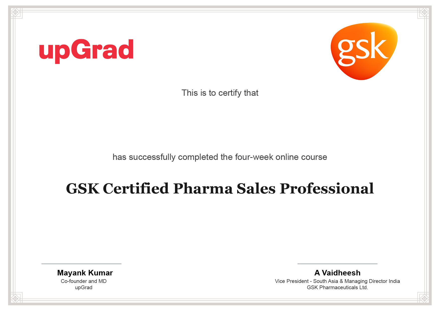 GSK Certified Pharma Sales Professional • upGrad • Accredible