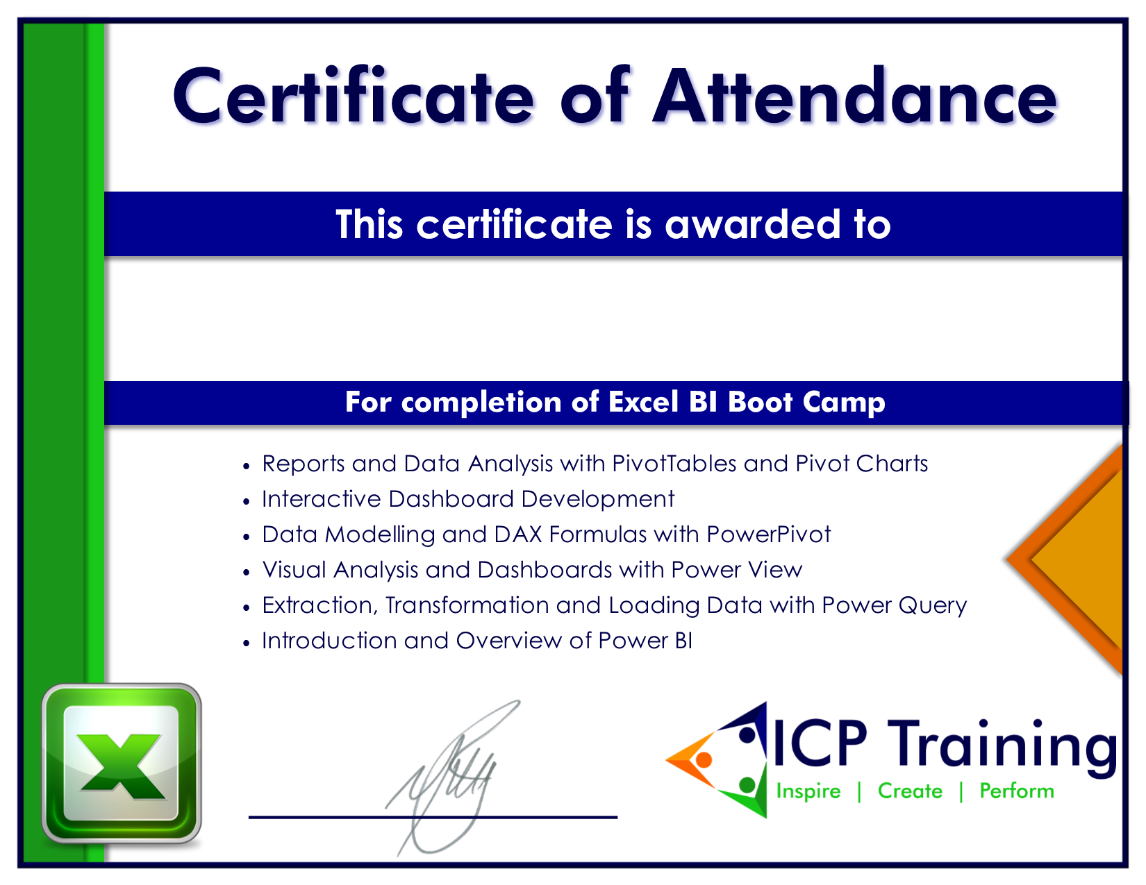 Excel BI Boot Camp • ICP Training • Accredible • Certificates With Regard To Boot Camp Certificate Template
