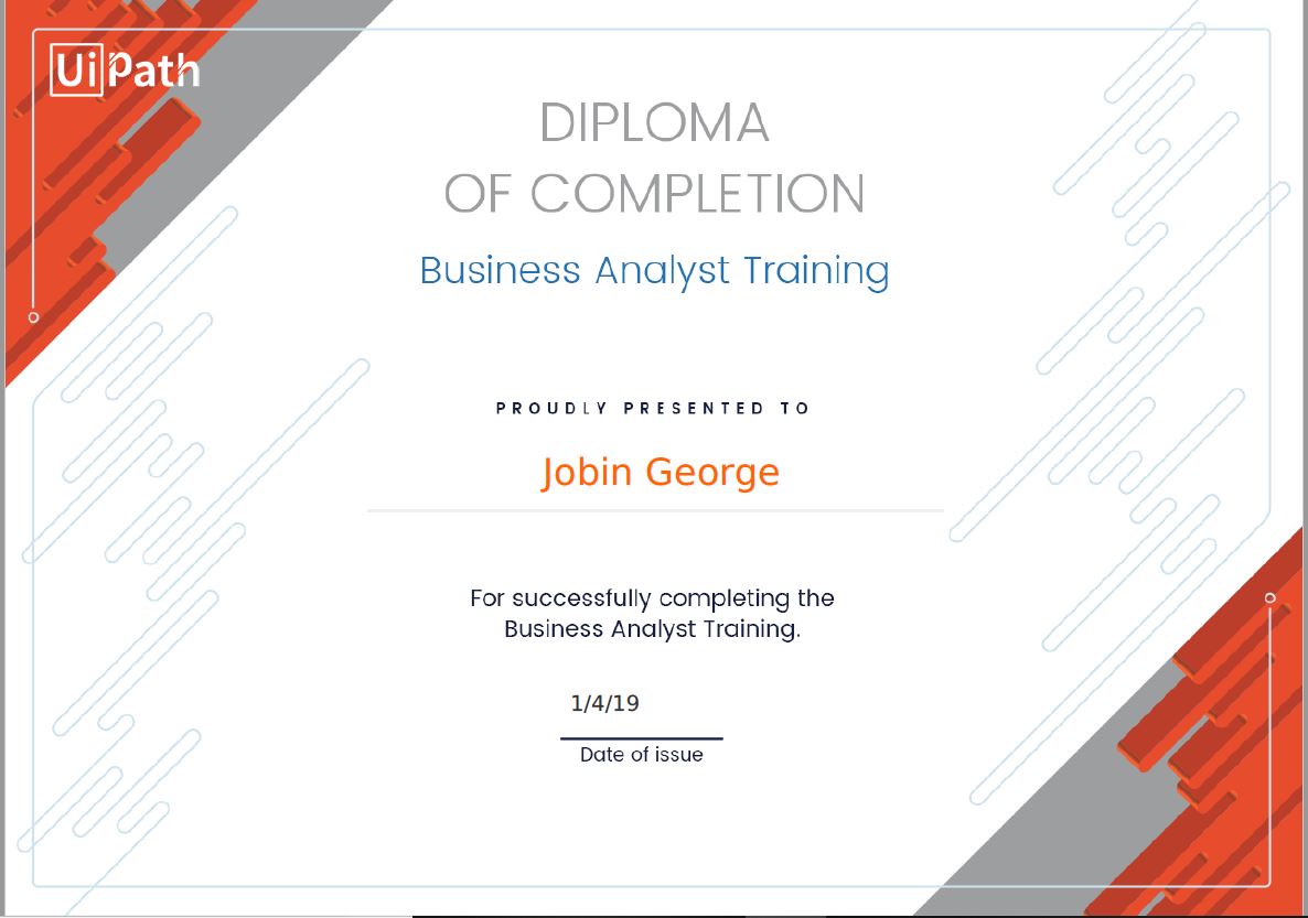 Uploaded image for credential Business Analyst: UiPath issued to Jobin George on January 4, 2019