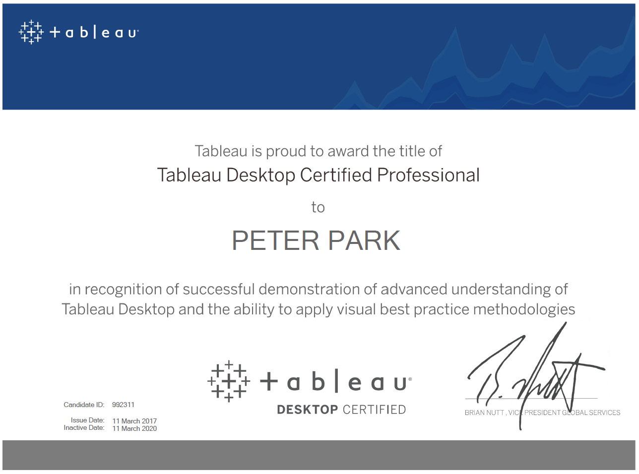 Uploaded image for credential Tableau Desktop Certified Professional issued to Peter Park on March 11, 2017