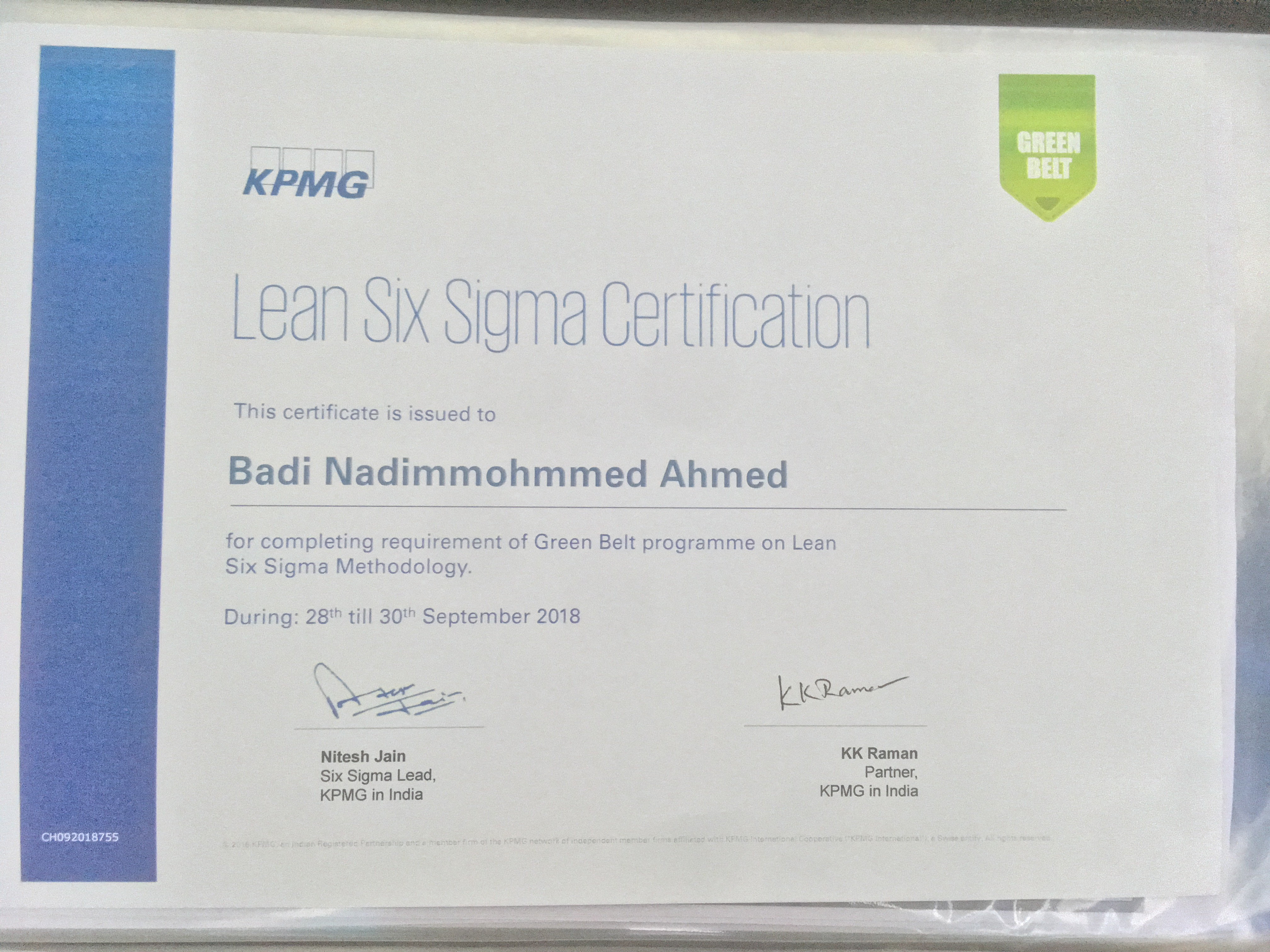 Uploaded image for credential Lean Six Sigma Green Belt issued to Badi Nadimmohmmed Ahmed on September 30, 2018