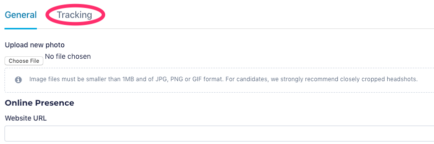 A screenshot of the Settings page with a circle around the Tracking tab.