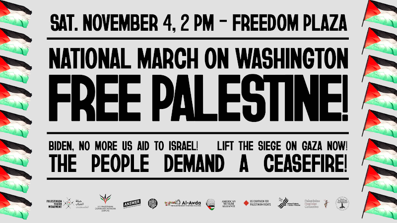 Banner for March on Washington for a Free Palestine with event information surrounded by Palestinian flags