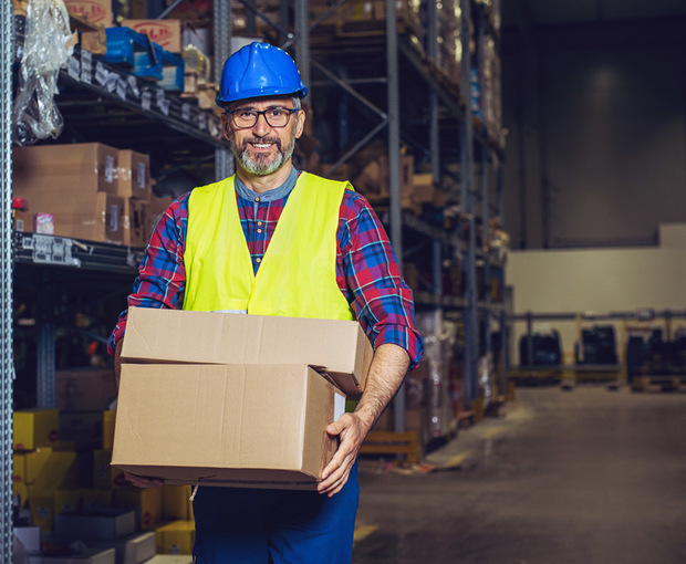 Un employé dans un entrepôt est en train de transporter des colis