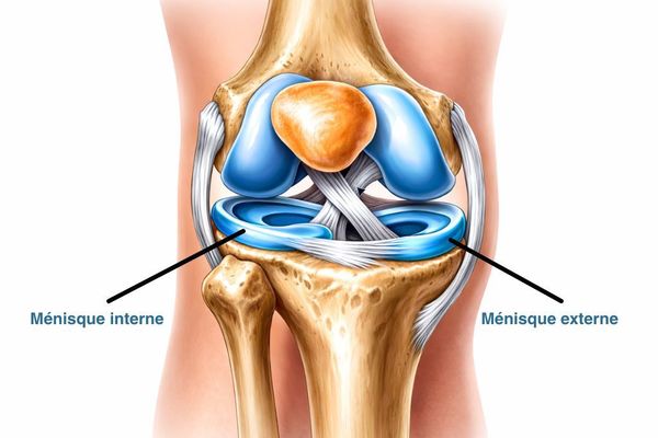 Diagramme illustrant les ménisques des genoux, soit ceux entre le fémur et le tibia
