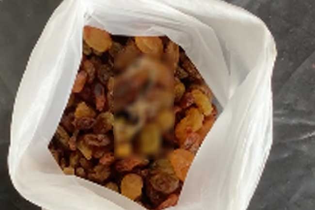 කඩෙන් ගත්තු වියළි මිදි පාර්සලයේ මියගිය හූනෙක්