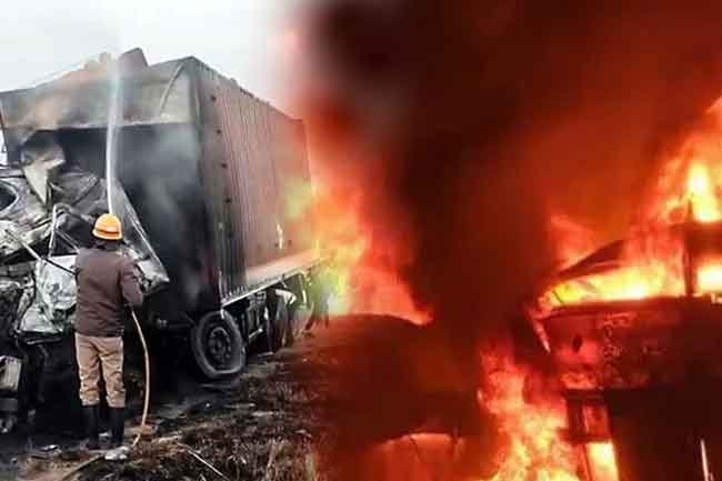 ඉන්දියාවේ දී බස් රථයක් කන්ටේනර් රථයක ගැටී බිහිසුණු අනතුරක් – 6ක් මරුට