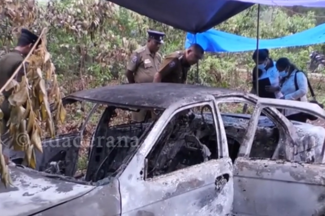 අකුරේගොඩ ඝාතකයින් පලාගිය බවට සැක  ගිනිගත් මෝටර් රථය  රස පරීක්ෂක පරීක්ෂාවට