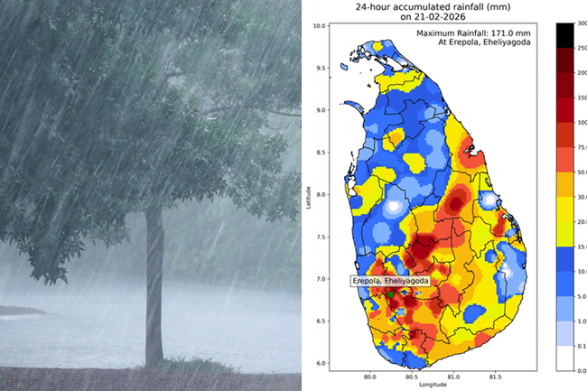 ගතවූ පැය 24 තුළ මි.මී 171ක වැඩිම වැස්ස ඇහැළියගොඩට