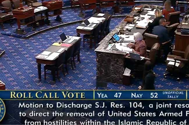 ට්‍රම්ප්ගේ යුද බලතල සීමා කිරීමට සෙනෙට් සභාව අසමත් වෙයි 