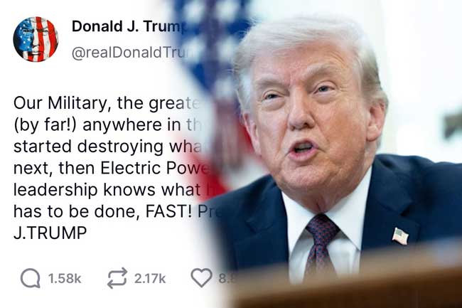 ඉරානයේ පාලම් සහ විදුලි බලාගාර විනාශ කරන බවට ට්‍රම්ප් අනතුරු අඟවයි 